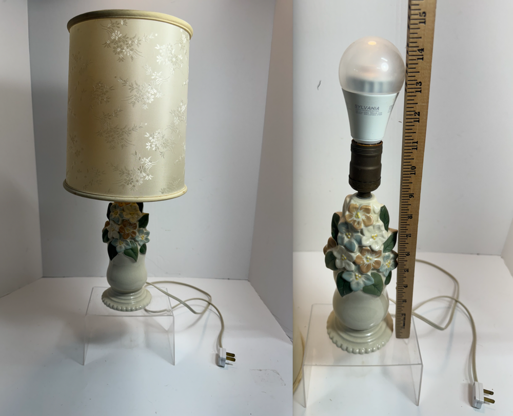 MCM Art Pottery Table Lamp Vining Clematis Flower Shabby Cottage Night Lamp