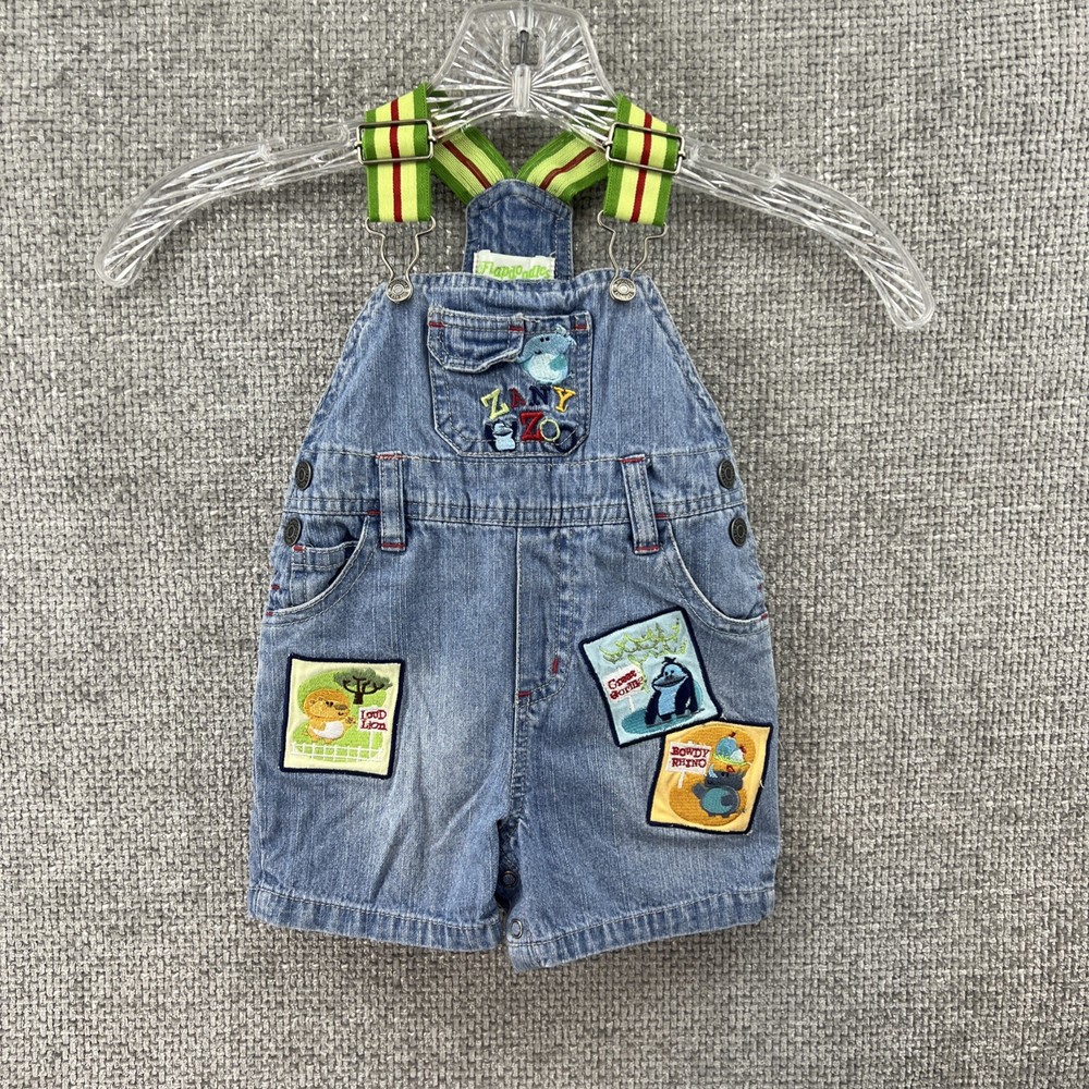 Flapdoodles Shortall Denim Overalls Baby 12M Embroidered Lion Rhino Gorilla Y2K