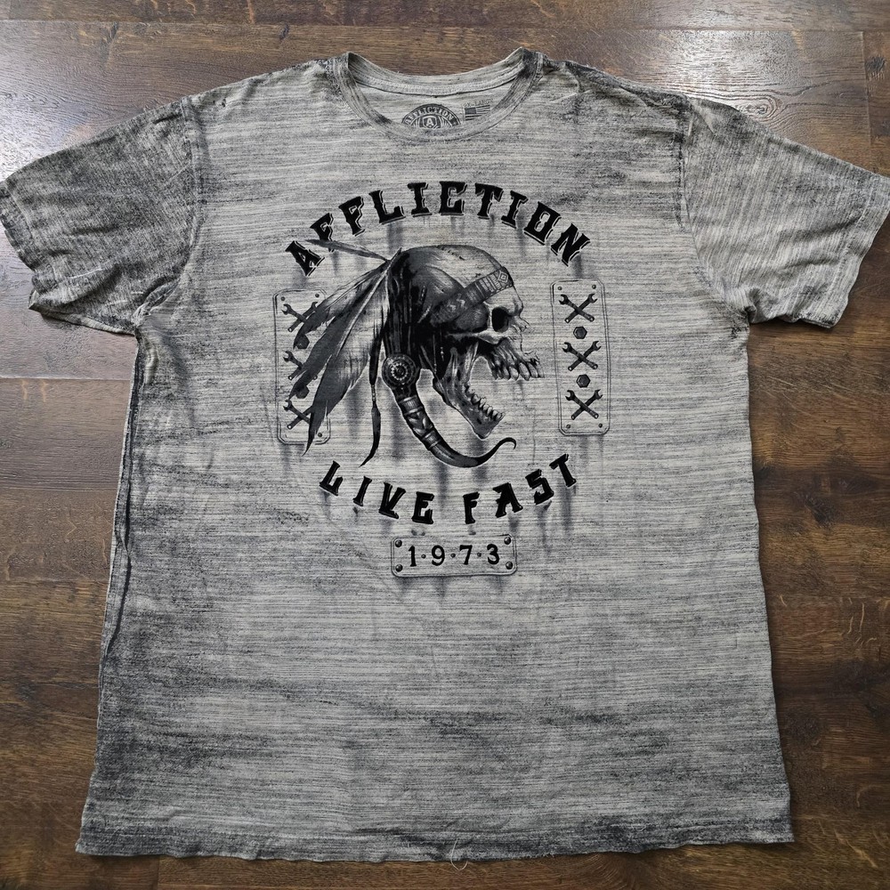 Affliction Shirt Mens 2XL Gray Live Fast 1973 Skull Biker Graphic Tee T-Shirt