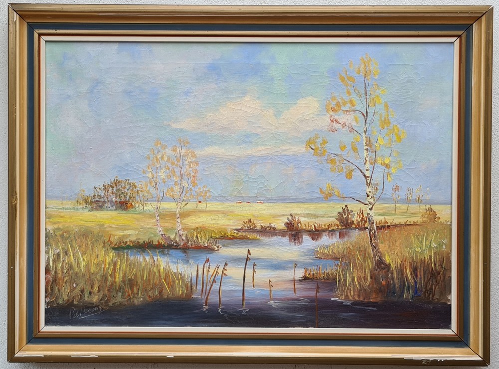 Oil painting artwork with frame picture painting oil painting forest lake nature birch