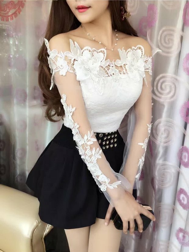 Fashion Womens Lace Embroidery Shirt Blouse Tops Mesh Floral Pullover Hollow Out