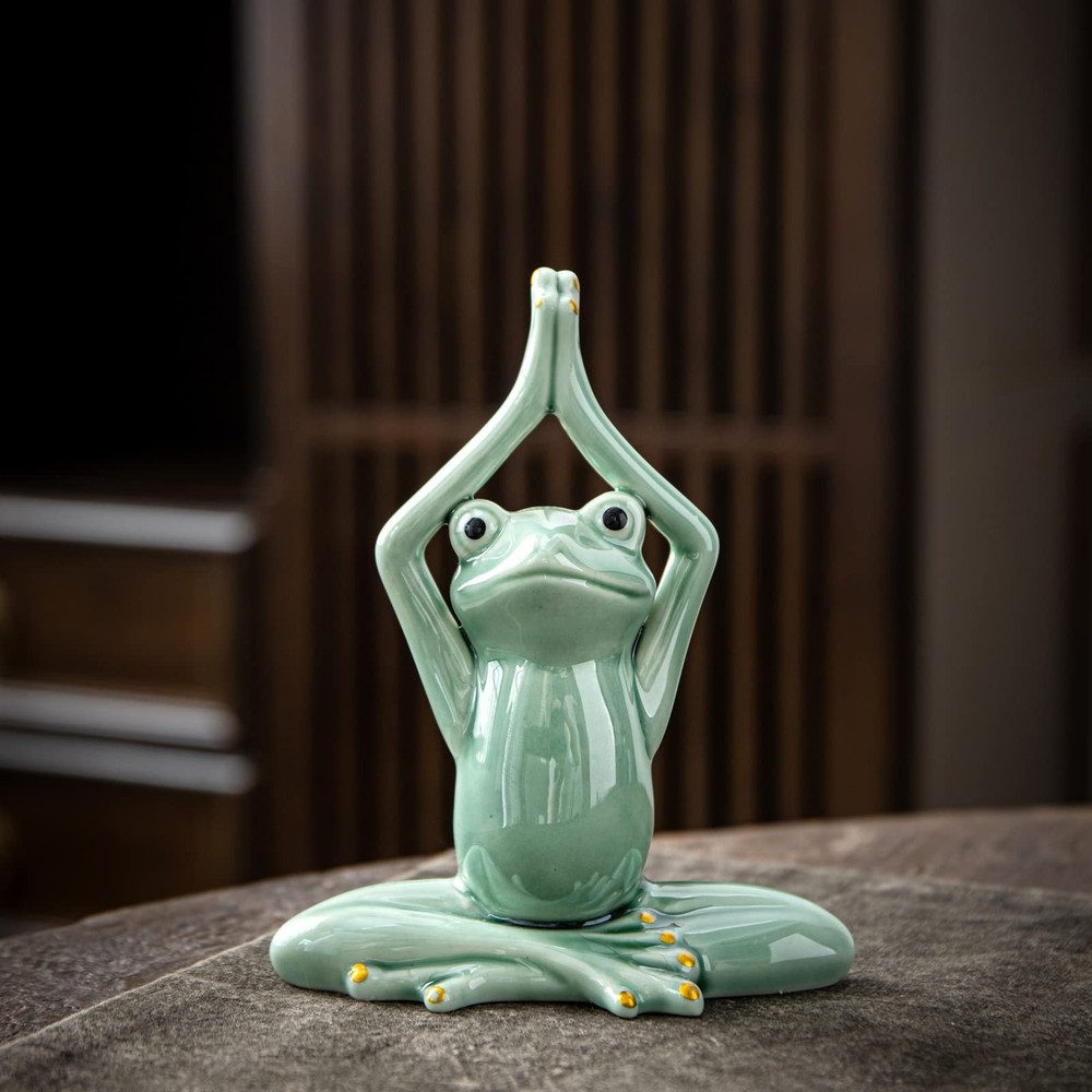OwMell Ceramic Zen Frog Decor, Ceramic Yoga Pose Meditation Frog Staute for H...