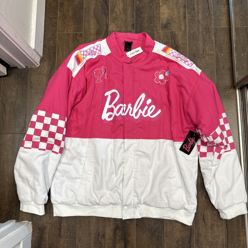 Barbie Racing Jacket Coat Small Pink Checkered Embroidered Doll Car Patches Icon