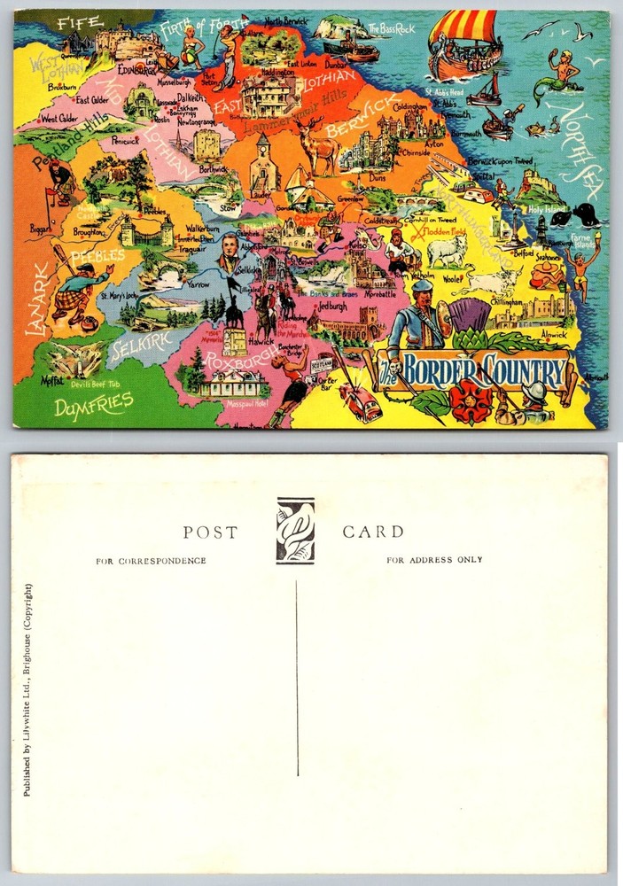 Vintage Linen Postcard: Pictorial Map of Scottish English Border Country