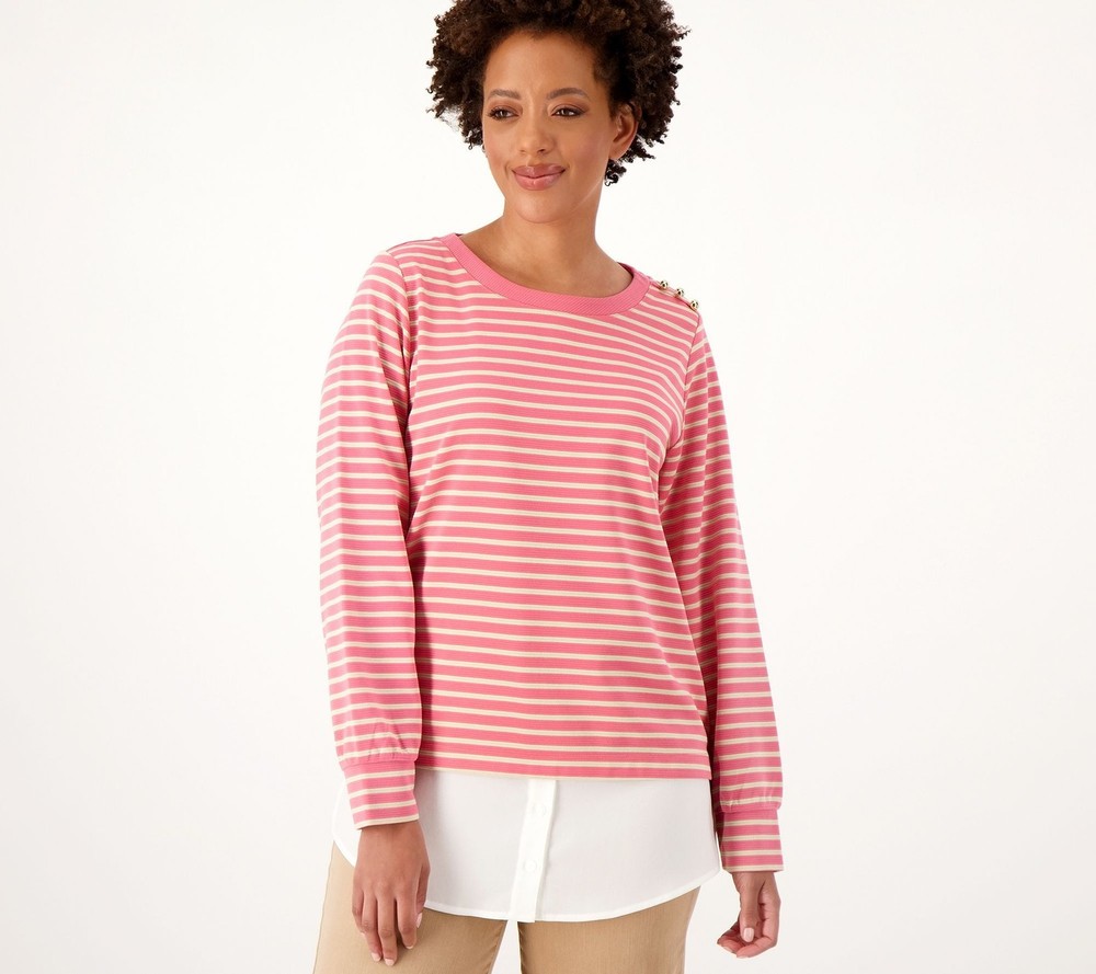 Isaac Mizrahi Live! Women's Top Sz XS Textured Ottoman Stripe Pink A567676