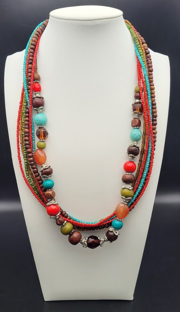Vintage Necklace Multi Strand Seed Bead, Glass, Wood, Stone Boho Colorful