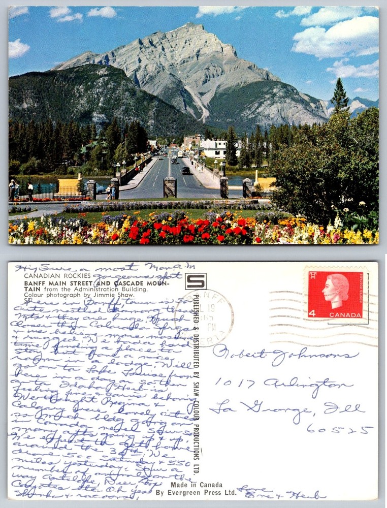 Vintage 1965 Banff Alberta Postcard - Cascade Mountain & Main Street