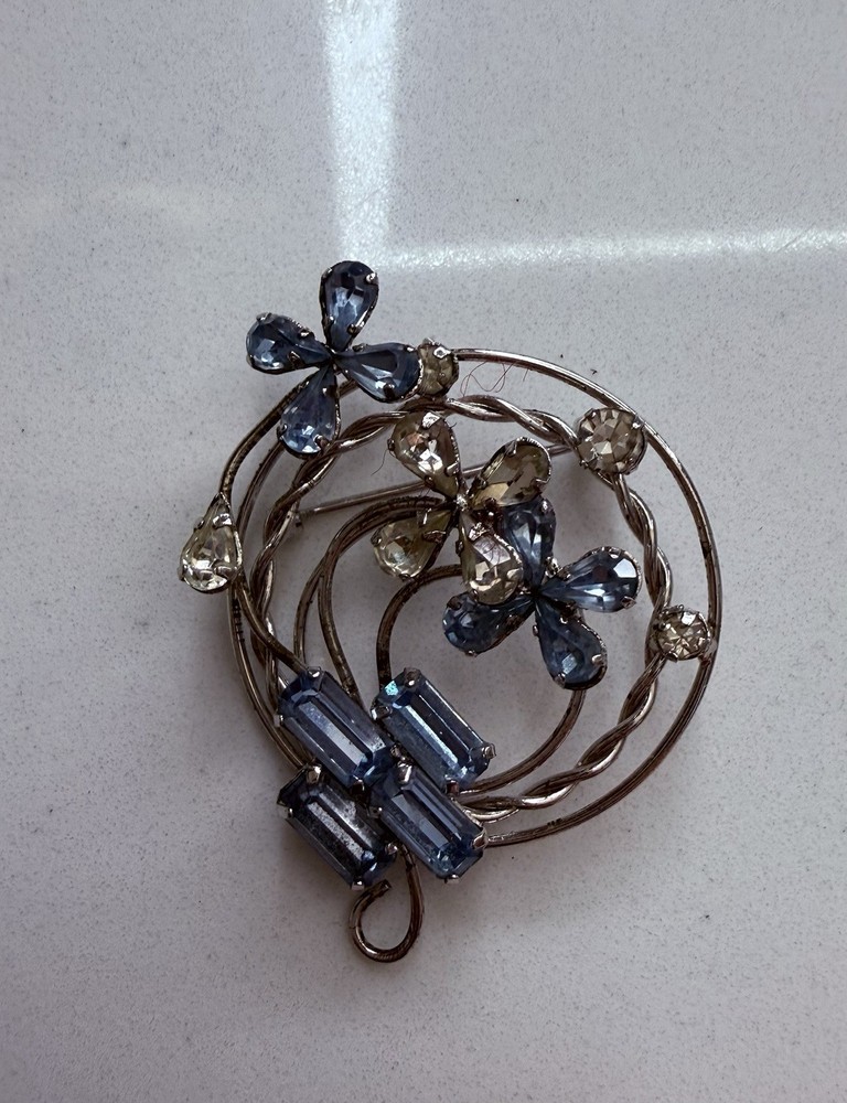 Vintage Star Art Sterling Silver Brooch Pin Pendant W Clear And Blue Rhinestones