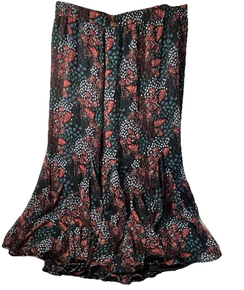 Loft Maxi Skirt Black/Multi Colored Size XL Elastic Waist Pull On Fit & Flare