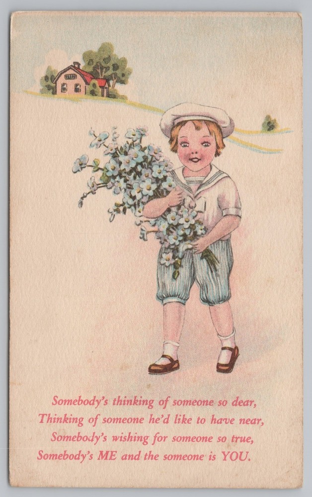 Greetings~Boy Holding Forget Me Nots & Greeting Poem~Vintage Postcard