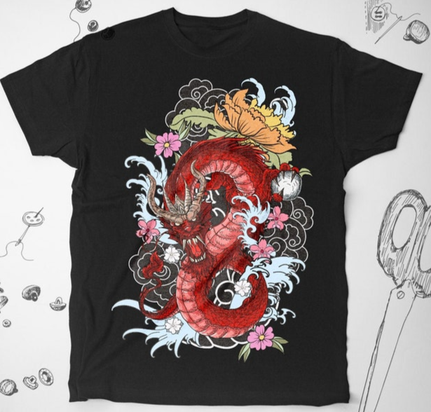 Dragon shirt Japanese Art shirt Vintage Japan Guy Cool Flowers Unisex Tee