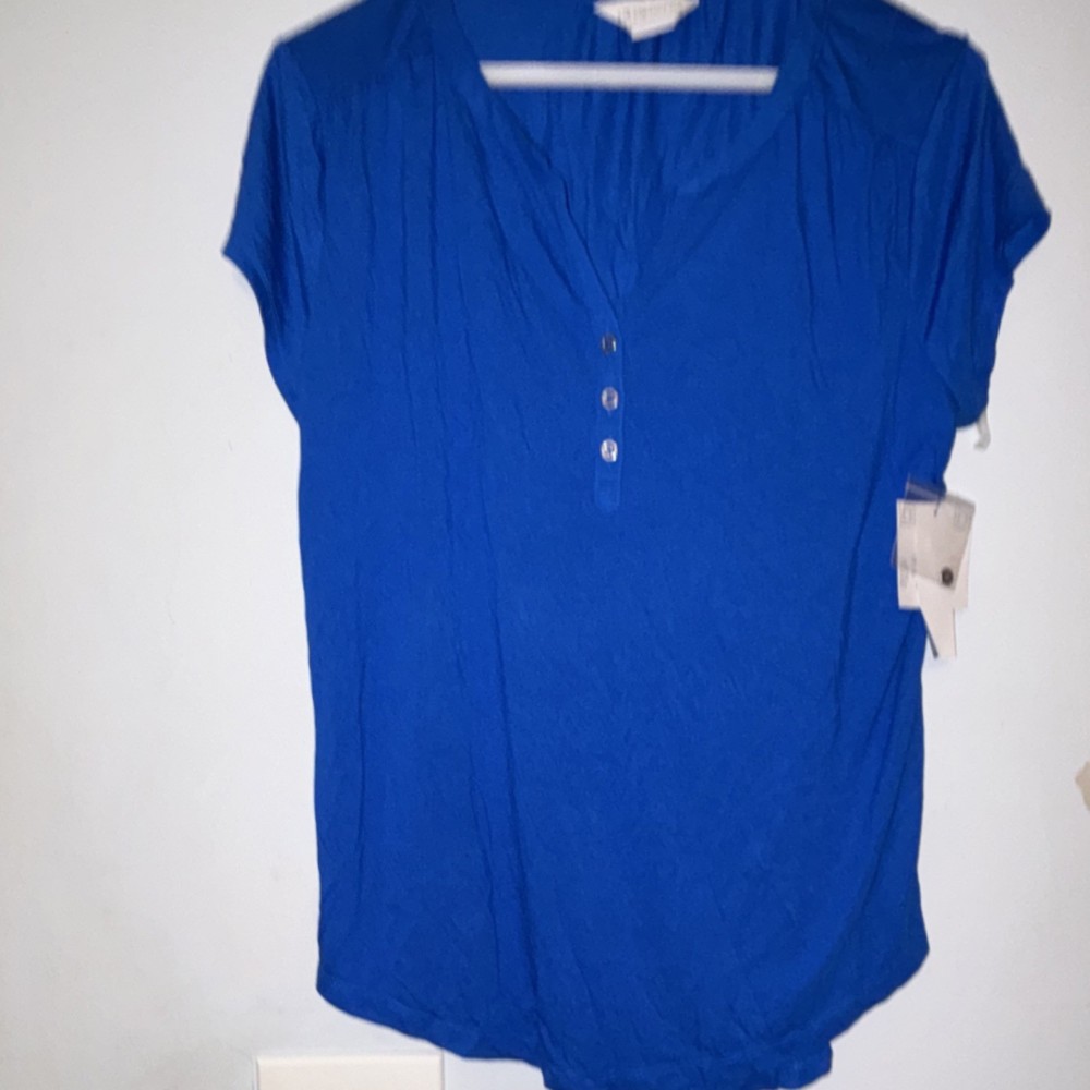 Liz Claiborne Blue Short Sleeve V-Neck Button Blouse Rayon Polyester Size L