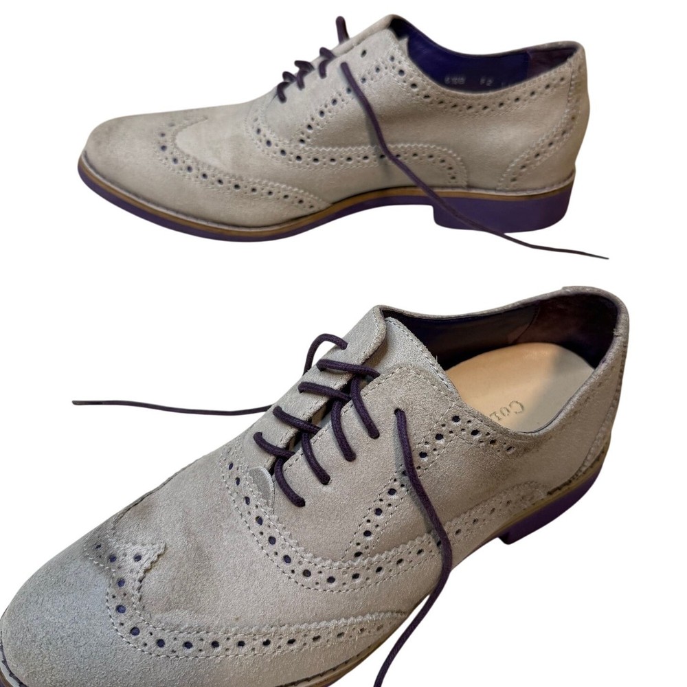 Cole Haan Oxford Shoe Women's 6.5 Silver Violet Suede Leather Wingtip Brogue