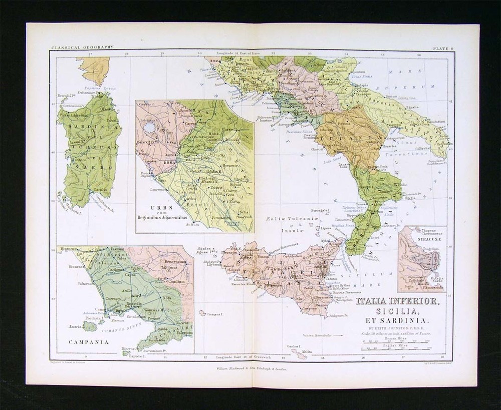 1853 Johnston Map - Italia Sicilia Sardinia - Ancient Italy Rome Sicily Syracuse