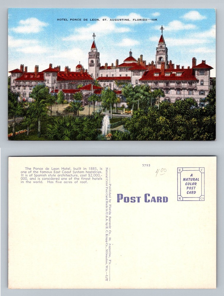 St Augustine, FL-Florida, Hotel Ponce de Leon Spanish Revival Vintage Postcard
