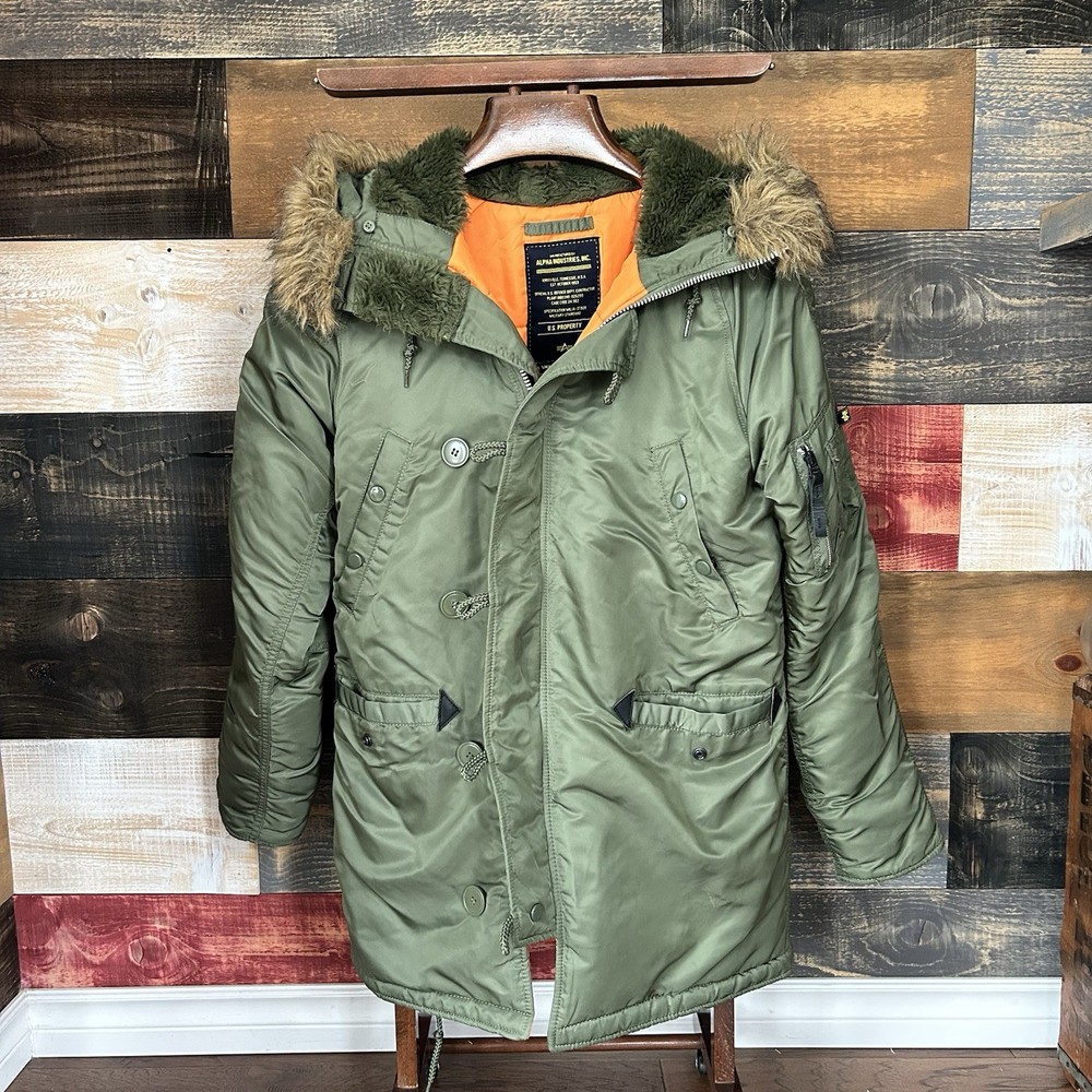 Alpha Industries N-3B Parka Jacket Men’s Small S Green Faux Fur Flight Hooded