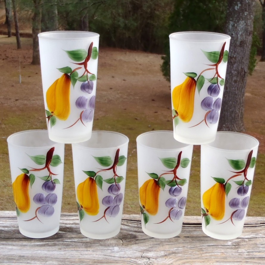 MCM Set of 6 Fire King/Hazel Atlas Frosted GAY FAD Grapes & Pears 5