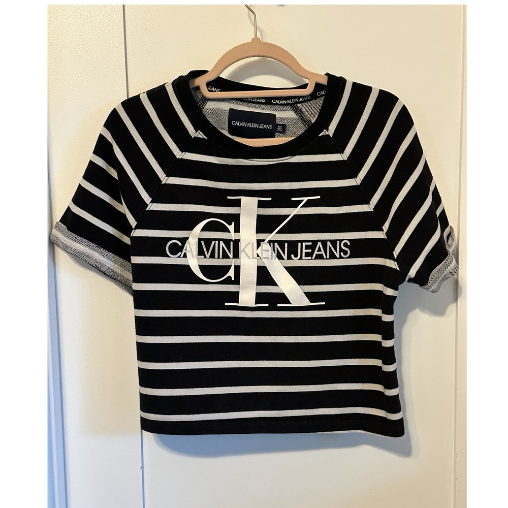 Calvin Klein Jeans Black White Striped Cropped Short Sleeve T-Shirt Size S