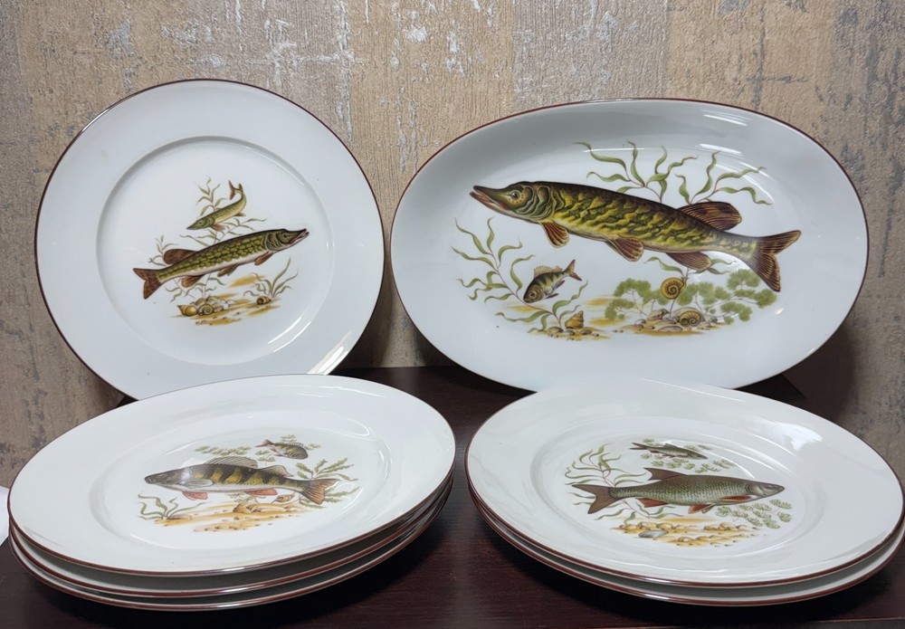 Vintage JWK Bavaria Fish Plates Set, Hand-Painted Porcelain, Germany 7 Piece