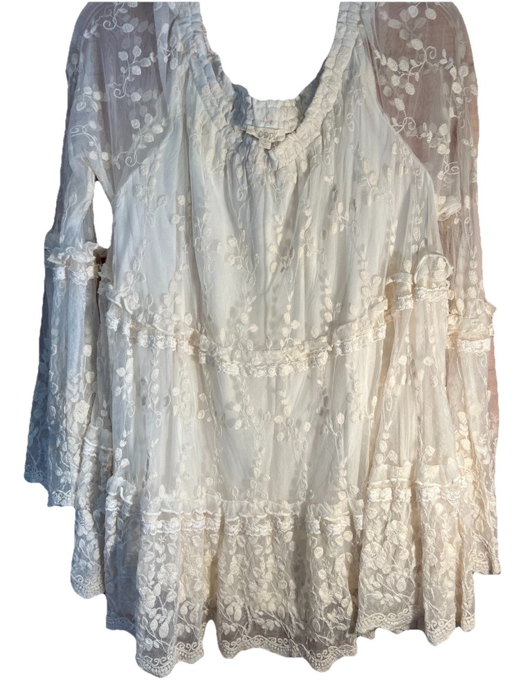 Oddy womens tops Lg Floral Lace Overlay Pullover Elastic Neck Sheer Long Sleeve
