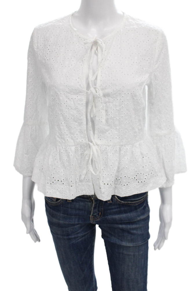 Zara Womens White Cotton Round Neck Tie Blouse 3/4 Sleeve Size SFree Shipping in US $100+ Orders | $6.95 Orders Below