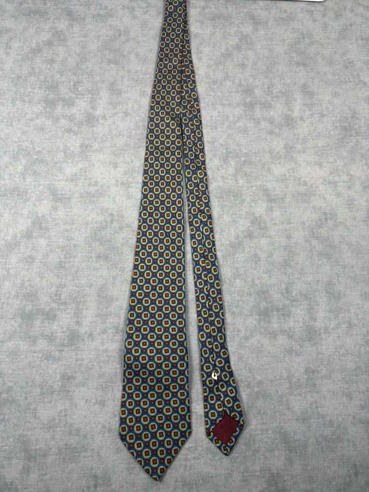 Vintage Made in England Silk Tie Blue Red Geometric Medallion Necktie 58”
