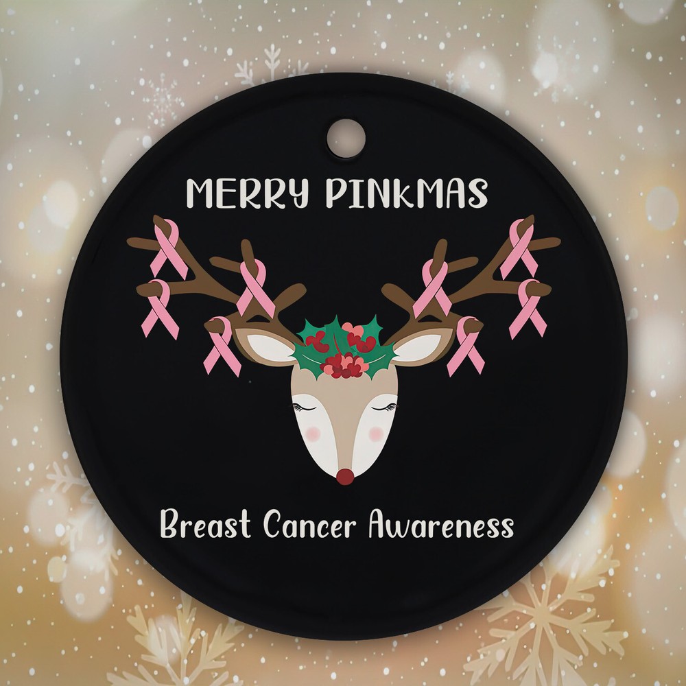 Christmas Ceramic Ornament Breast Cancer Funny Pink Ribbon Cute Reindeer Squad