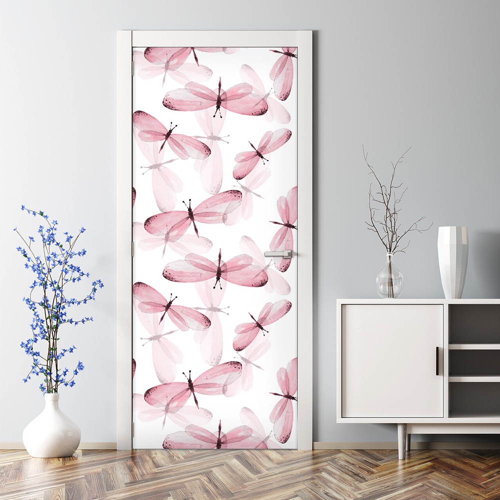 Butterflies Bubble Free Door sticker pink and white Decal Decor photo mural