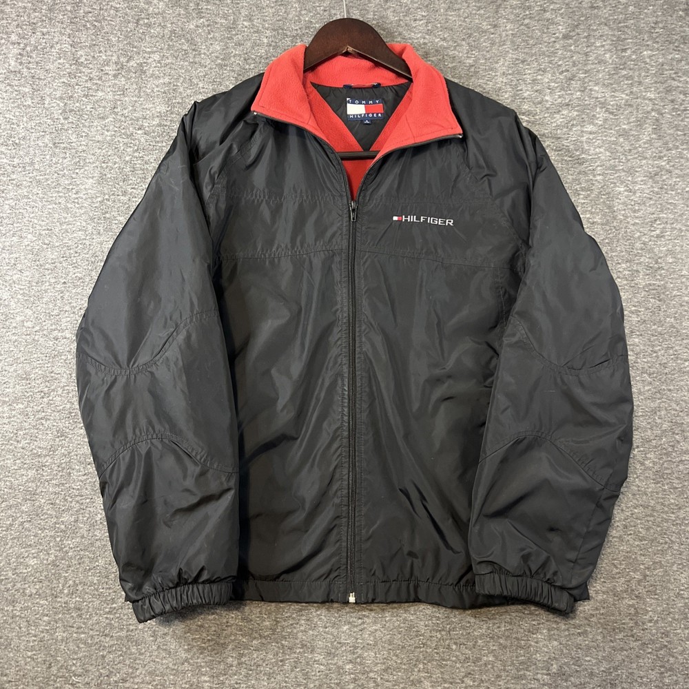 Vintage TOMMY HILFIGER Windbreaker Jacket Mens Small Black Full Zip Fleece Lined