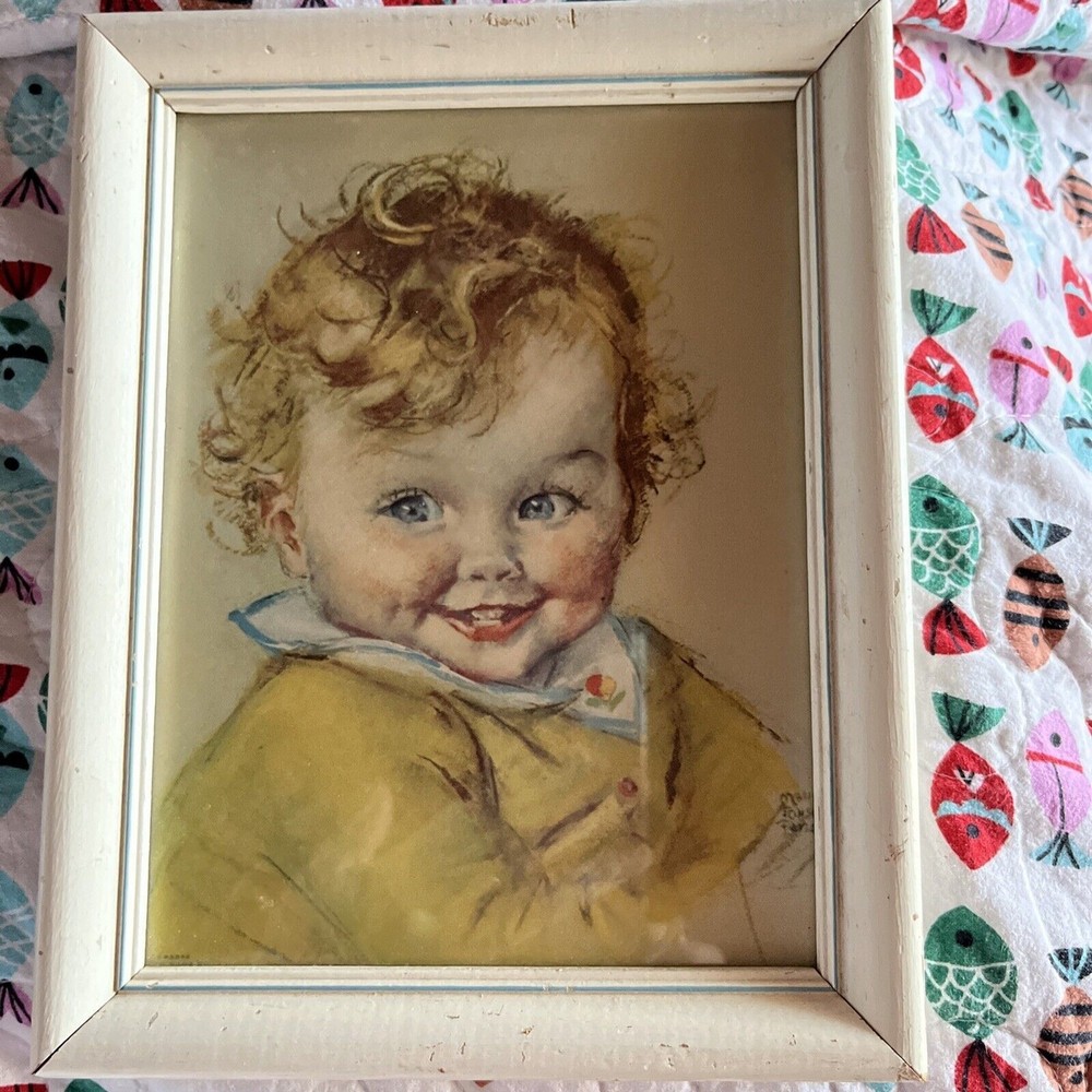 1930’s Maude Tousey Rangel Framed Baby Print 7 X 9.5 Vintage MCM Retro French