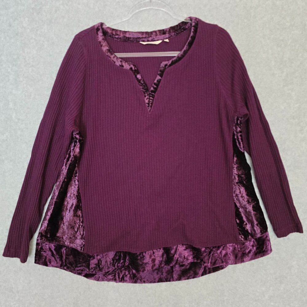 Soft Surroundings 1X Alistair Waffle Knit Purple Crushed Velvet Panel Top Tunic