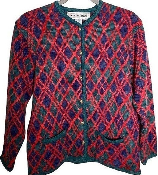 Vintage Argyle Wool Knit Cardigan Sweater Crystal Kobe Jacket Womens Medium