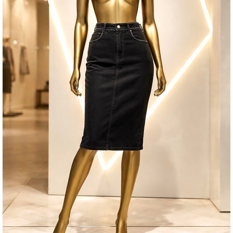 Zara Black Studded Denim Midi Skirt High Waisted Back Slit Size L,  Lightly Used