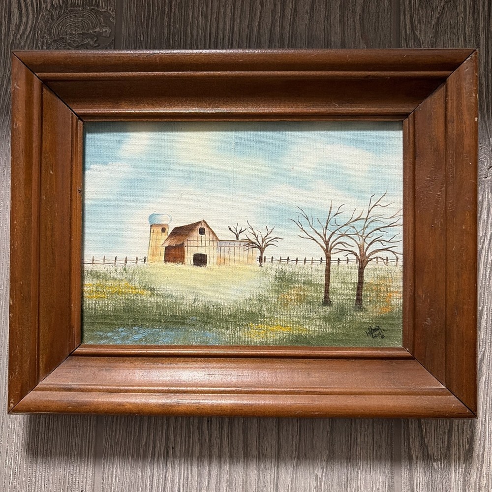 Vintage European Rustic Scene, Barn, Silo Rural Landscape Signed 5x7