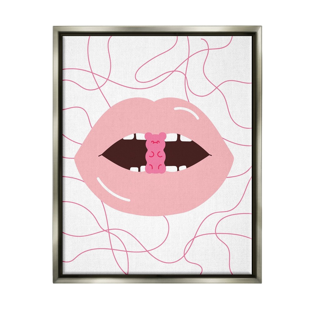 Pink Lips & Gummy Candy Gray Framed Floater Canvas Art by Lil Rue