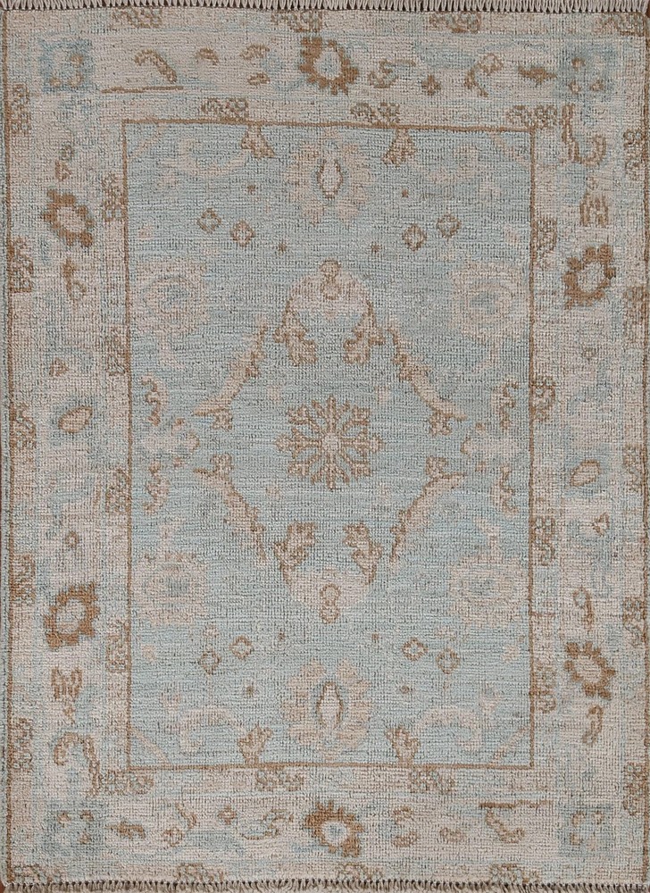 Vintage Oushak Area Rug Handmade Muted Aqua Beige Wool Turkish Carpet
