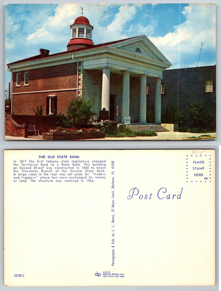 Vincennes Indiana Old State Bank 1838 Historic Landmark Postcard 1960s
