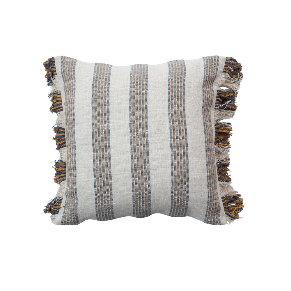 Grey Stripe Cotton Pillow with Stylish Fringe Detail