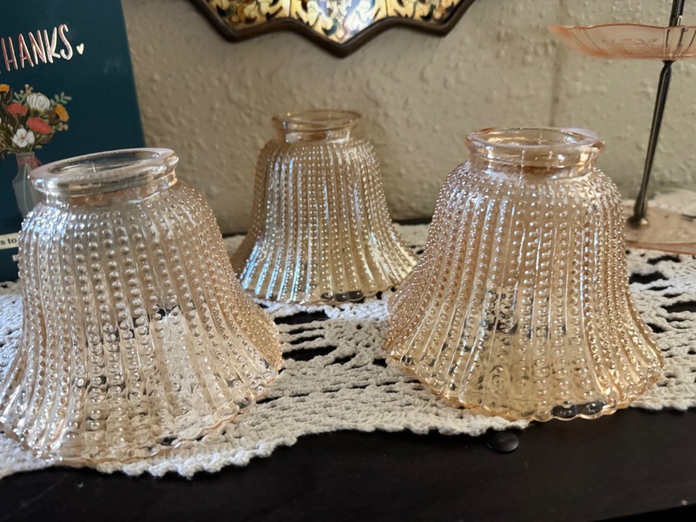 3 Vintage Iridescent Amber Hobnail Ruffled glass shades