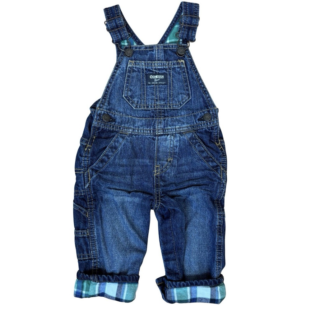 OshKosh B'Gosh Denim Bib Overalls Vestbak Size 9 Mos. Plaid Flannel Lining Blue