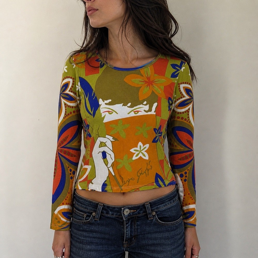 Custo Barcelona Y2K Multicolor Graphic Print Top Long Sleeve XS Abstract Floral-image