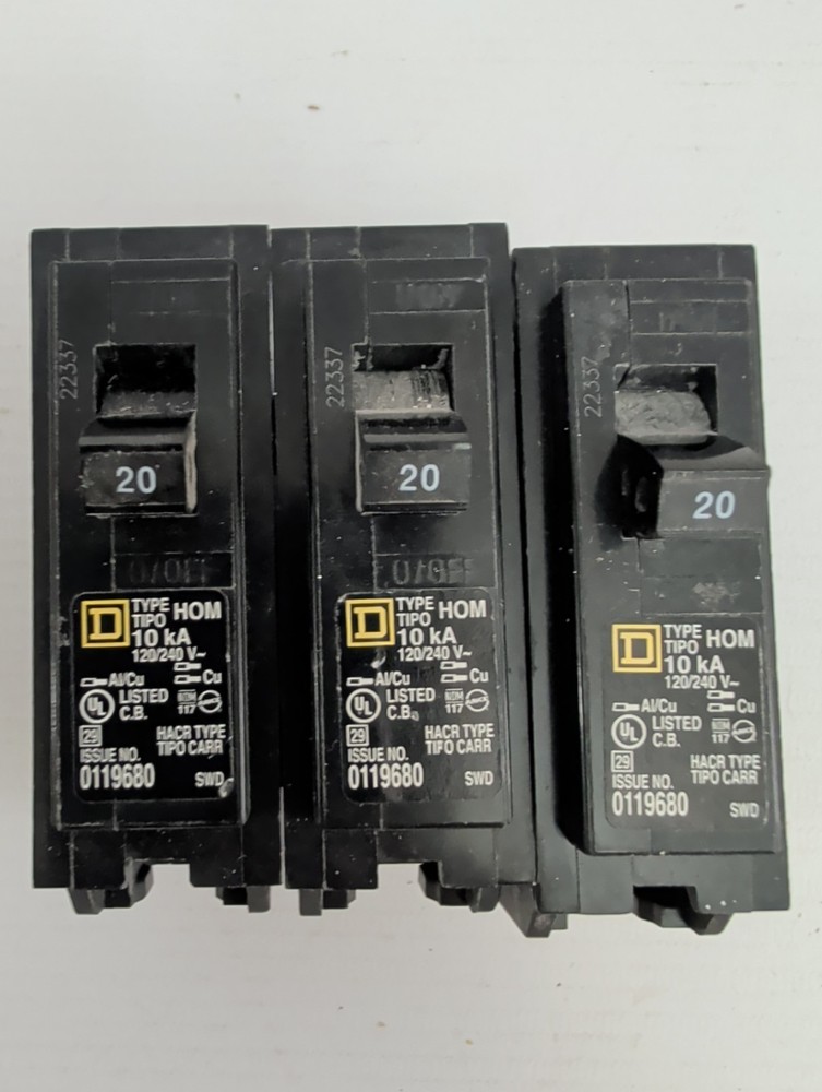 (Lot Of 3) Square D HOM120 1 Pole 20 Amp Homeline Circuit Breakers