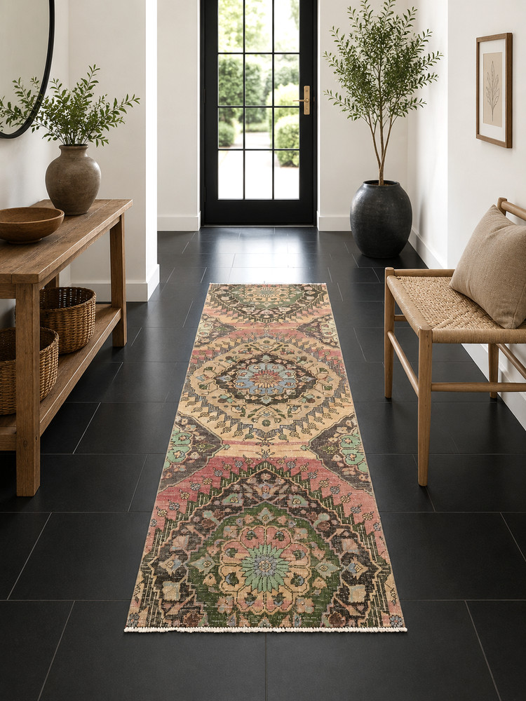 Vintage Multicolor Medallion Runner, 2.8x8.3ft, Antique Turkish Handmade Rug,