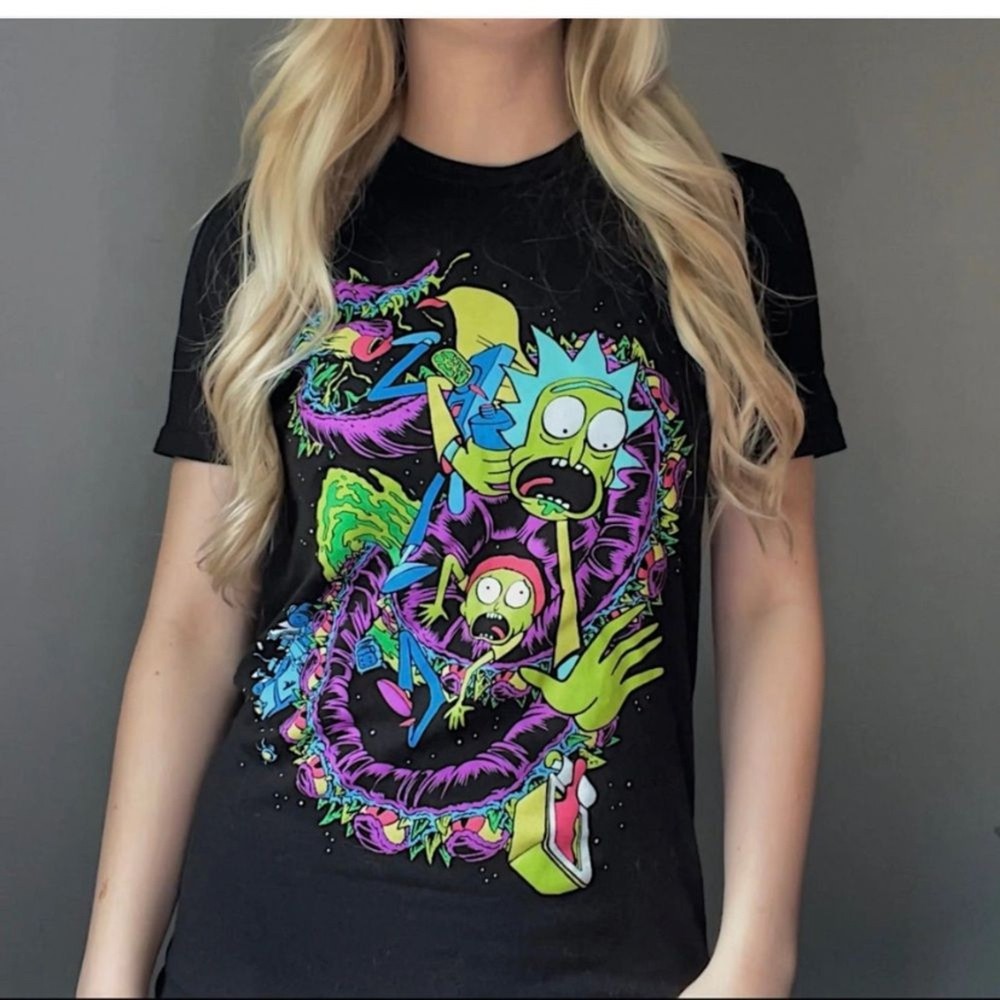 Rick & Morty Short Sleeve Graphic Colorful Black T-Shirt - Size L