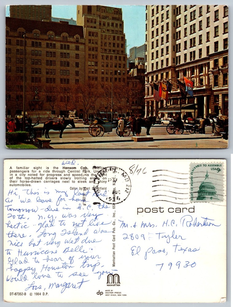 Plaza Horse Carriages Houston Texas Postcard