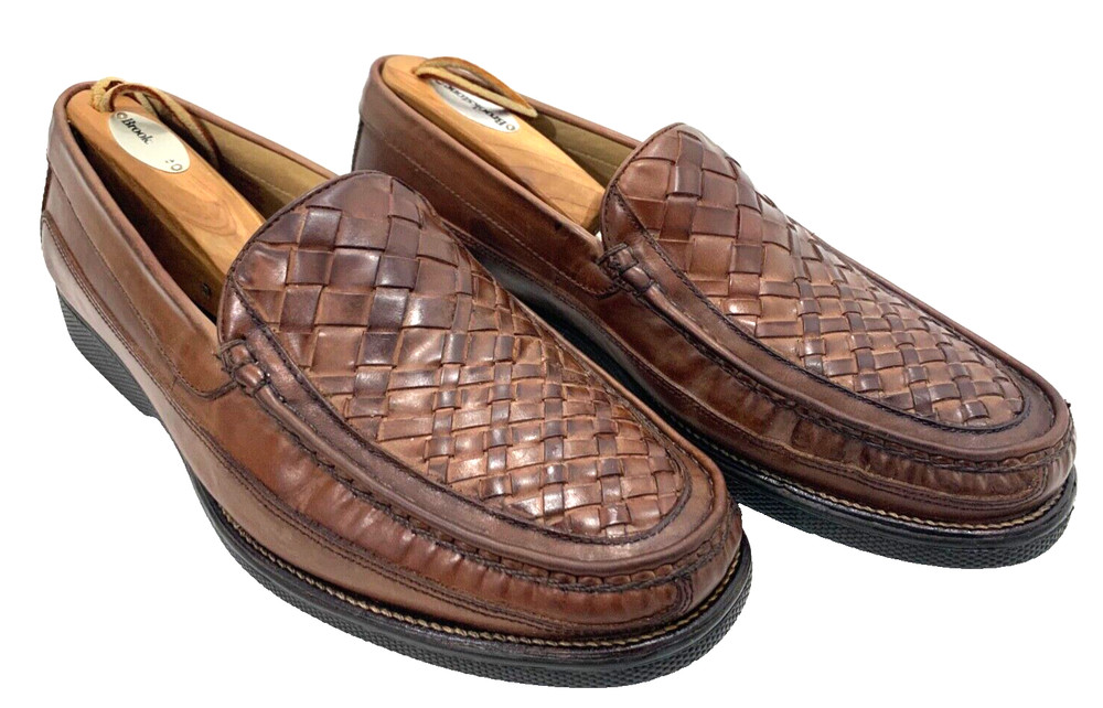 FLORSHEIM MARSHALL Brown Woven Leather Shoes Moc Toe Loafer Men Slip On -Size 10