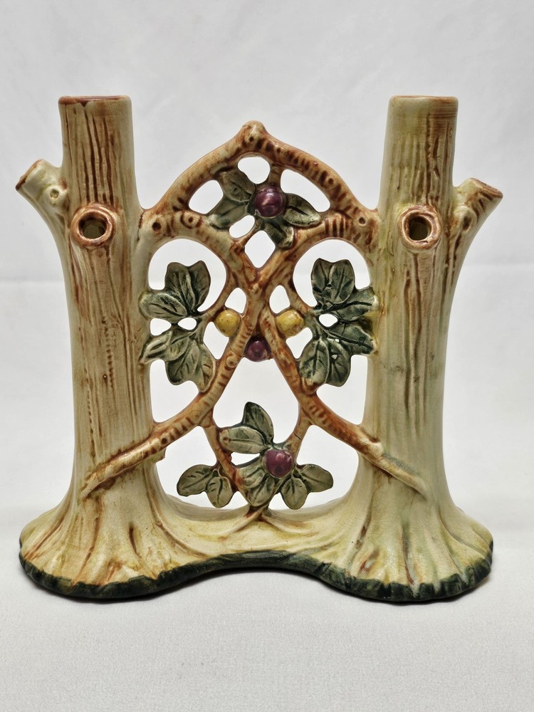 Antique 1920s Weller Pottery Woodcraft Apple Tree 8 In Double Bud Vase