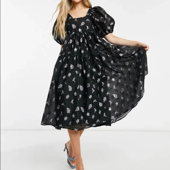 Sister Jane Black Floral Puff Sleeve Organza Midi Dress New With Tags Size S