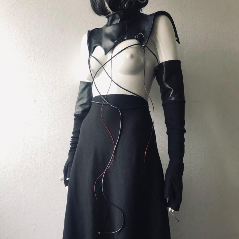Black handmade lamb skin leather high neck shrug top with cuffs small