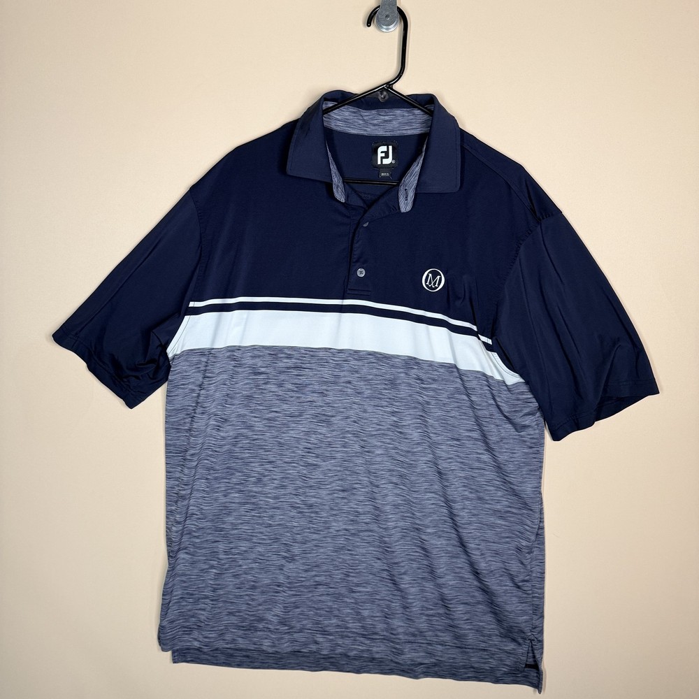 FJ Footjoy Performance Stretch Polo Golf Shirt Grey White Blue Men's Large L